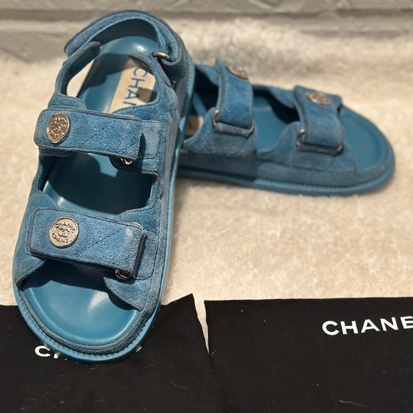 CHANEL Shoes - Chanel C2021 Blue Suede Dad Sandals Size 36